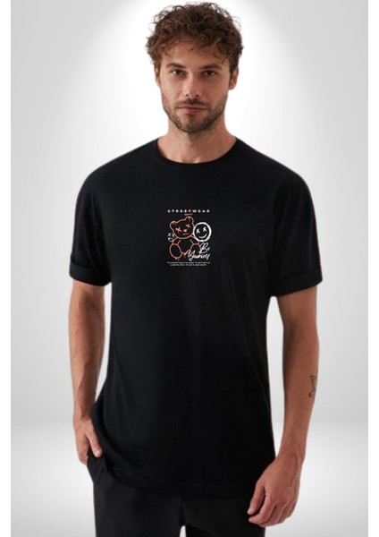 Yükseliş Için Kendin Ol Siyah Oversize Kadın Erkek Ön Orta Minimal Baskılı T-Shirt