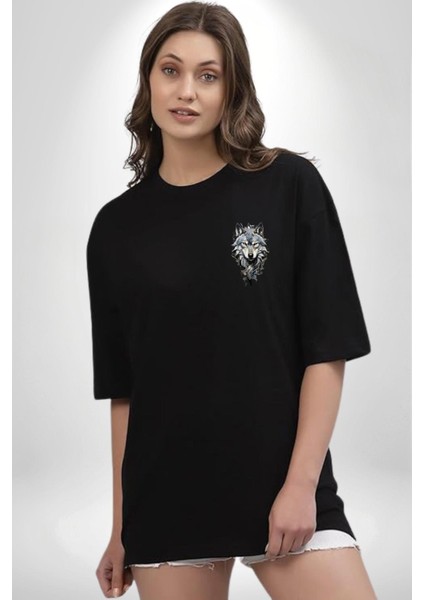 Beyaz Kurt Siyah Oversize Kadın Erkek Ön Sol Yan Minimal Baskılı Tişört fırsatları