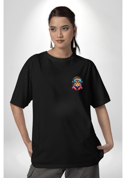 Kulaklık Kedi Leopar Bandana Siyah Oversize Kadın Erkek Ön Sol Yan Minimal Baskılı Tişört fiyatları