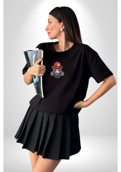 Kırmızı Şapkalı Gözlüklü Maymun Siyah Oversize Kadın Erkek Ön Orta Minimal Baskılı T-Shirt