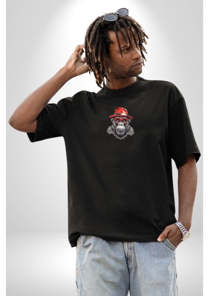 Kırmızı Şapkalı Gözlüklü Maymun Siyah Oversize Kadın Erkek Ön Orta Minimal Baskılı T-Shirt indirimleri