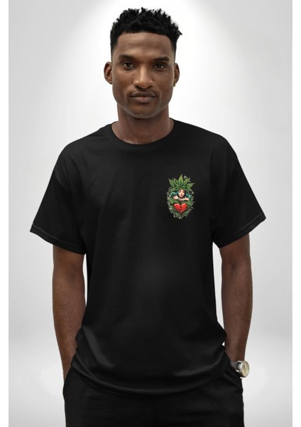 Kalp Parmak Kız Yeşillik Mutluluk Siyah Oversize Kadın Erkek Ön Sol Yan Minimal Baskılı Tişört