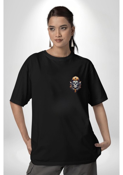 Maden Işcisi Kuru Kafa Siyah Oversize Kadın Erkek Ön Sol Yan Minimal Baskılı Tişört modelleri