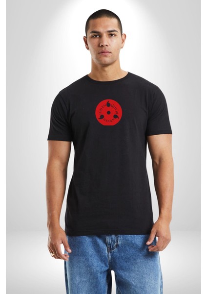 Naruto Shippuden Sasuke Sharingan Siyah Oversize Kadın Erkek Ön Orta Minimal Baskılı Tişört