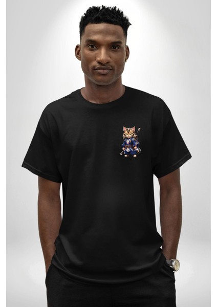 Asyalı Kedi Samuray Savaşcı Siyah Oversize Kadın Erkek Ön Sol Yan Minimal Baskılı Tişört fiyatları