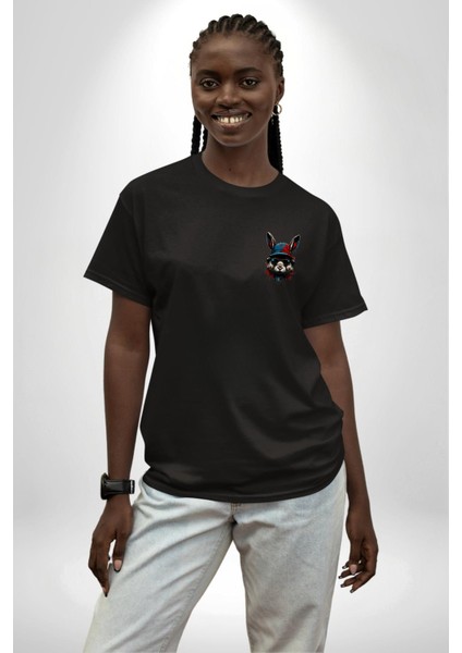 Müzik Şapka Gözlük Takan Tavşan Siyah Oversize Kadın Erkek Ön Sol Yan Minimal Baskılı Tişört