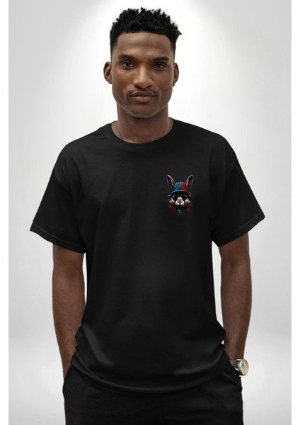 Müzik Şapka Gözlük Takan Tavşan Siyah Oversize Kadın Erkek Ön Sol Yan Minimal Baskılı Tişört fiyatları