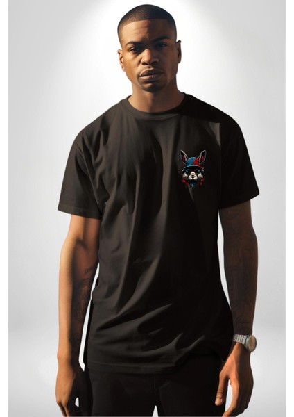 Müzik Şapka Gözlük Takan Tavşan Siyah Oversize Kadın Erkek Ön Sol Yan Minimal Baskılı Tişört indirimleri