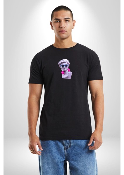 Kulaklık Gözlük Pop Art Heykel Siyah Oversize Kadın Erkek Ön Orta Minimal Baskılı Tişört fiyatları