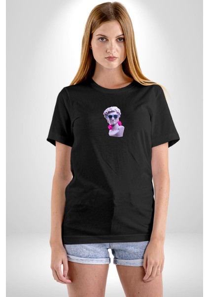 Kulaklık Gözlük Pop Art Heykel Siyah Oversize Kadın Erkek Ön Orta Minimal Baskılı Tişört fırsatları