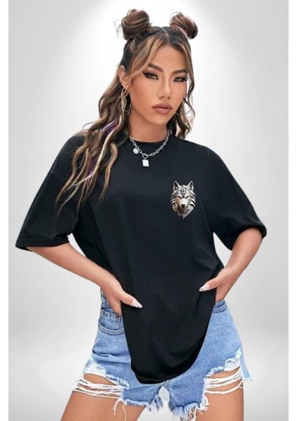 Beyaz Kurt Kafası Siyah Oversize Kadın Erkek Ön Sol Yan Minimal Baskılı Tişört