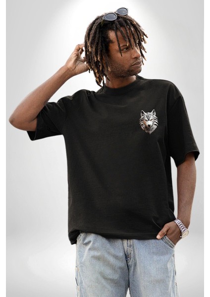 Beyaz Kurt Kafası Siyah Oversize Kadın Erkek Ön Sol Yan Minimal Baskılı Tişört indirimleri