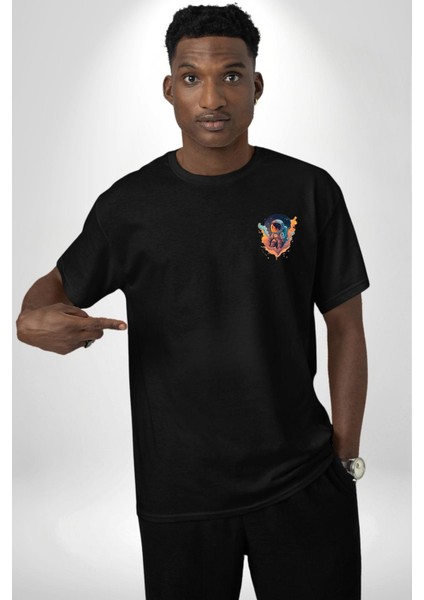 Bulutlar Astronot Uzay Siyah Oversize Kadın Erkek Ön Sol Yan Minimal Baskılı Tişört indirimleri