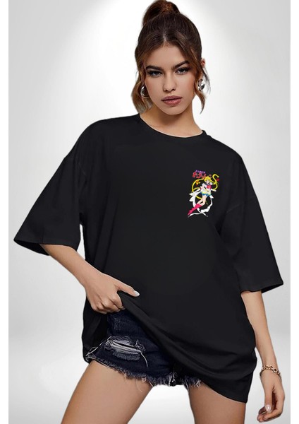 Sailor Moon Anime Usagi Tsukino Siyah Oversize Kadın Erkek Ön Sol Yan Minimal Baskılı Tişört