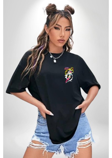 Sailor Moon Anime Usagi Tsukino Siyah Oversize Kadın Erkek Ön Sol Yan Minimal Baskılı Tişört fiyatları