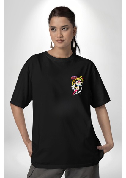 Sailor Moon Anime Usagi Tsukino Siyah Oversize Kadın Erkek Ön Sol Yan Minimal Baskılı Tişört modelleri