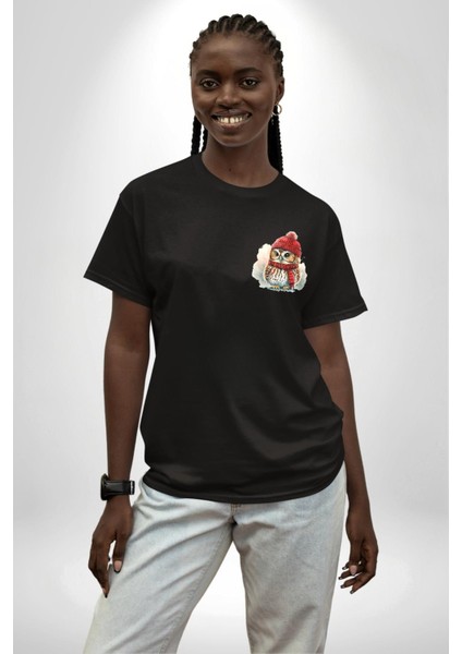 Kış Kırmızı Atkı Bere Baykuş Siyah Oversize Kadın Erkek Ön Sol Yan Minimal Baskılı Tişört fiyatları