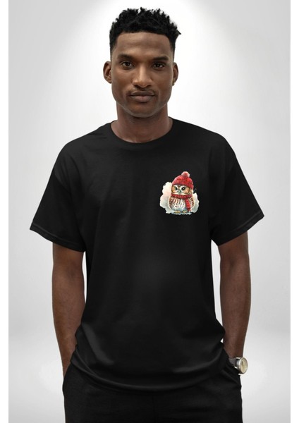 Kış Kırmızı Atkı Bere Baykuş Siyah Oversize Kadın Erkek Ön Sol Yan Minimal Baskılı Tişört modelleri