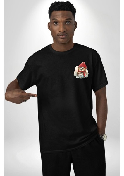 Kış Kırmızı Atkı Bere Baykuş Siyah Oversize Kadın Erkek Ön Sol Yan Minimal Baskılı Tişört indirimleri