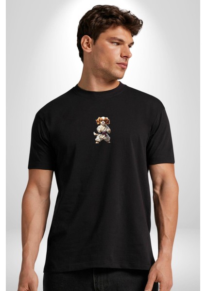Cavailer King Charles Spaniel Karate Siyah Oversize Kadın Erkek Ön Orta Minimal Baskılı T-Shirt fırsatları