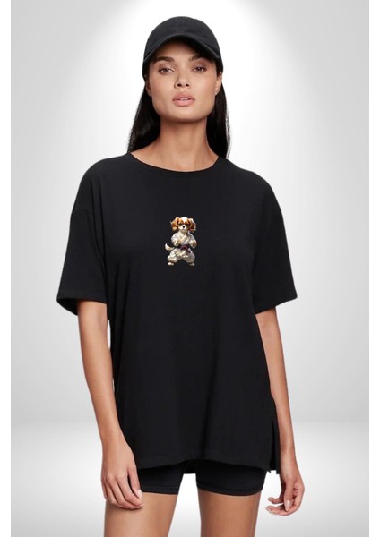 Cavailer King Charles Spaniel Karate Siyah Oversize Kadın Erkek Ön Orta Minimal Baskılı T-Shirt indirimleri