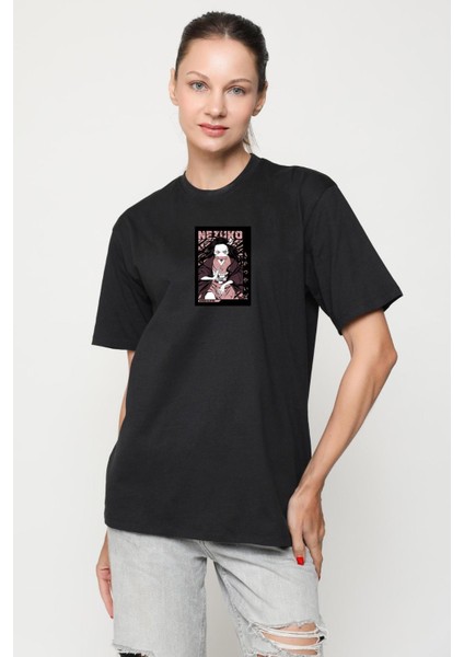 Nezuko Demon Slayer Siyah Oversize Kadın Erkek Ön Orta Minimal Baskılı T-Shirt