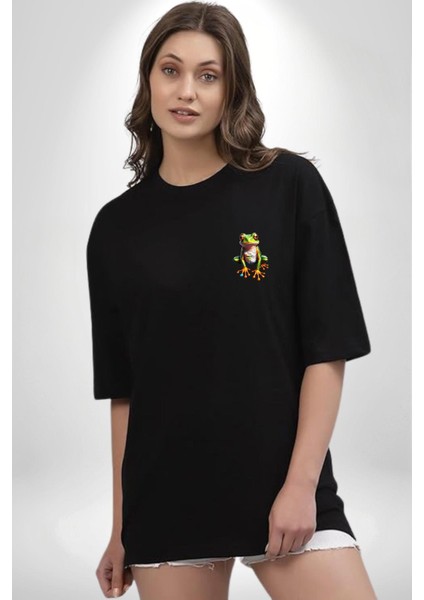 Frog Kurbağa Prens Siyah Oversize Kadın Erkek Ön Sol Yan Minimal Baskılı Tişört indirimleri