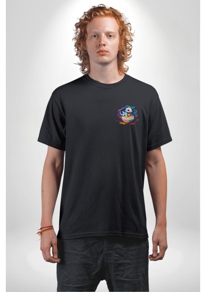 Sevimli Bebek Ejderha Elmas Yumurta Siyah Oversize Kadın Erkek Ön Sol Yan Minimal Baskılı Tişört indirimleri