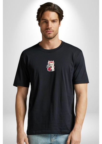 Beyaz Highland Teriyeri Kırmızı Gül Siyah Oversize Kadın Erkek Ön Orta Minimal Baskılı T-Shirt fırsatları