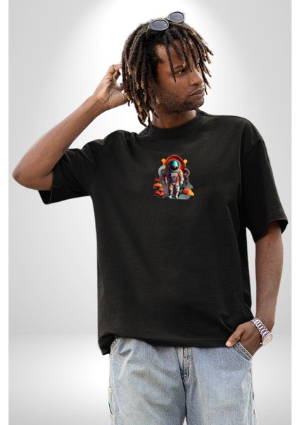 Astronot Yapay Zeka Yürüyüş Siyah Oversize Kadın Erkek Ön Orta Minimal Baskılı T-Shirt fiyatları