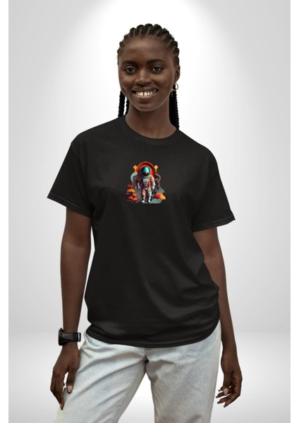 Astronot Yapay Zeka Yürüyüş Siyah Oversize Kadın Erkek Ön Orta Minimal Baskılı T-Shirt modelleri