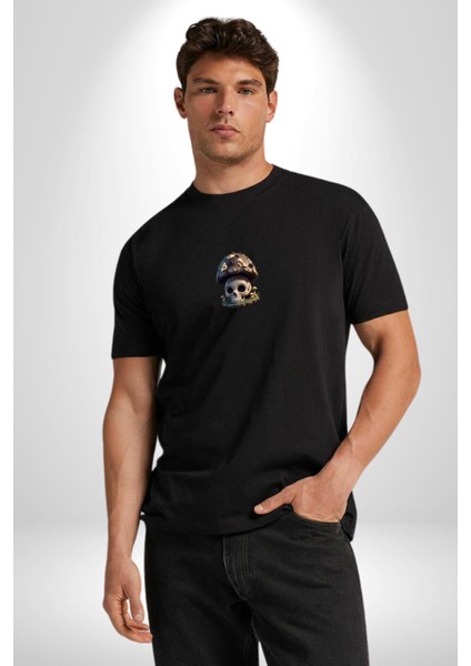 Kurukafa Mantar Ev Siyah Oversize Kadın Erkek Ön Orta Minimal Baskılı T-Shirt modelleri