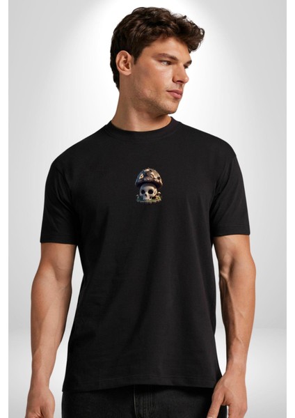 Kurukafa Mantar Ev Siyah Oversize Kadın Erkek Ön Orta Minimal Baskılı T-Shirt indirimleri