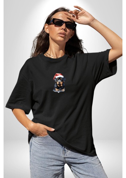 Yeni Yıl Noel Rottweiler Siyah Oversize Kadın Erkek Ön Orta Minimal Baskılı T-Shirt indirimleri