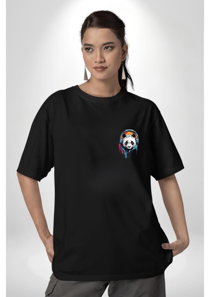 Kulaklık Ayı Panda Siyah Oversize Kadın Erkek Ön Sol Yan Minimal Baskılı Tişört modelleri