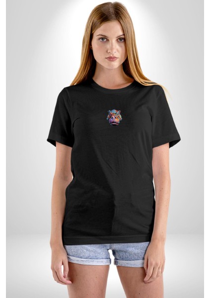 Su Aygırı Hipopotamo Renkli Siyah Oversize Kadın Erkek Ön Orta Minimal Baskılı T-Shirt indirimleri
