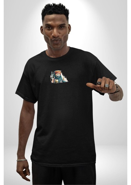 Türk Kahvesi Kedi Siyah Oversize Kadın Erkek Ön Orta Minimal Baskılı T-Shirt fiyatları