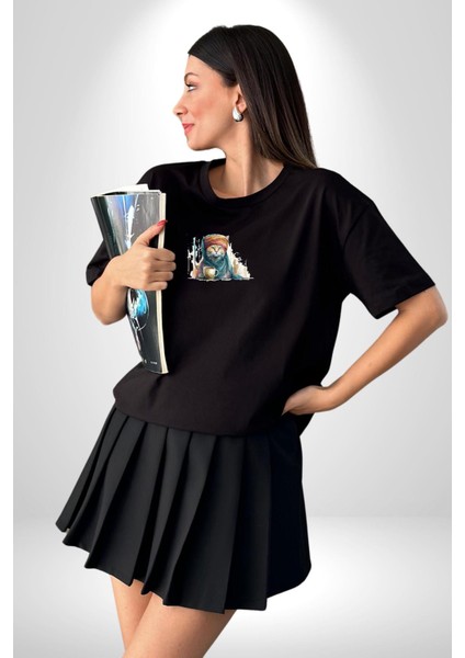 Türk Kahvesi Kedi Siyah Oversize Kadın Erkek Ön Orta Minimal Baskılı T-Shirt fırsatları