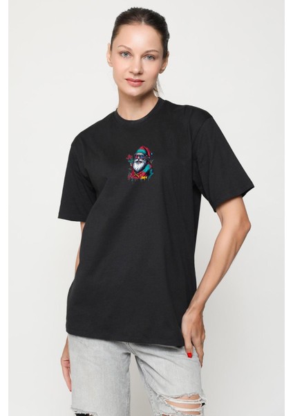 Renkli Noel Baba Yeni Nesil Gözlüklü Siyah Oversize Kadın Erkek Ön Orta Minimal Baskılı T-Shirt