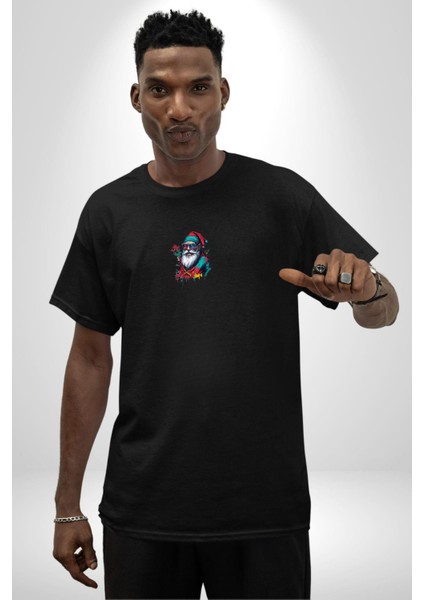 Renkli Noel Baba Yeni Nesil Gözlüklü Siyah Oversize Kadın Erkek Ön Orta Minimal Baskılı T-Shirt modelleri