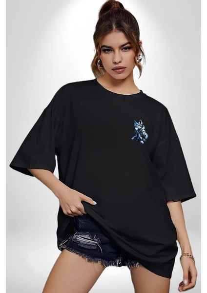 Mavi Beyaz Ateşli Kurt Siyah Oversize Kadın Erkek Ön Sol Yan Minimal Baskılı Tişört indirimleri