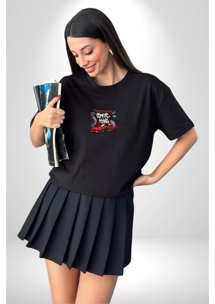 Japon Sokak Yarış Kralı Siyah Oversize Kadın Erkek Ön Orta Minimal Baskılı T-Shirt modelleri