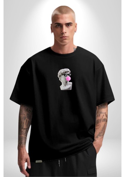 Gözlüklü David'İn Kafasının Alçı Heykeli Siyah Oversize Kadın Erkek Ön Orta Minimal Baskılı Tişört