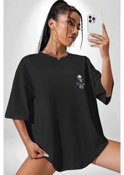 Cadılar Bayramı Kuru Kafa Siyah Oversize Kadın Erkek Ön Sol Yan Minimal Baskılı Tişört indirimleri