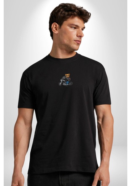Kask Güneş Gözlüğü Motor Ayı Siyah Oversize Kadın Erkek Ön Orta Minimal Baskılı T-Shirt