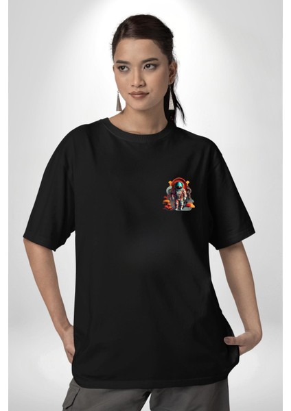 Astronot Yapay Zeka Yürüyüş Siyah Oversize Kadın Erkek Ön Sol Yan Minimal Baskılı Tişört fiyatları