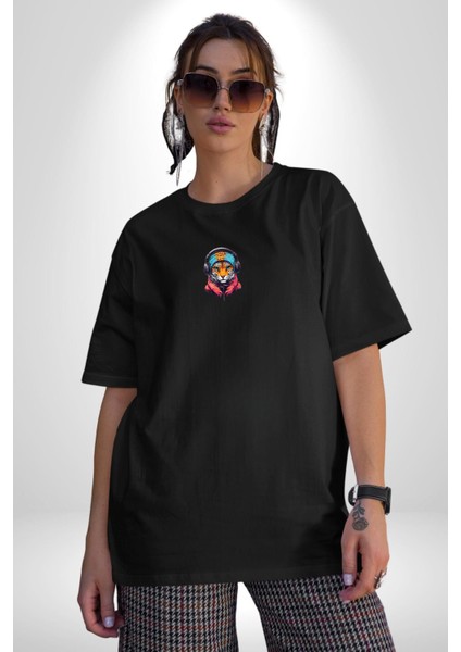 Kulaklık Kedi Leopar Bandana Siyah Oversize Kadın Erkek Ön Orta Minimal Baskılı T-Shirt indirimleri