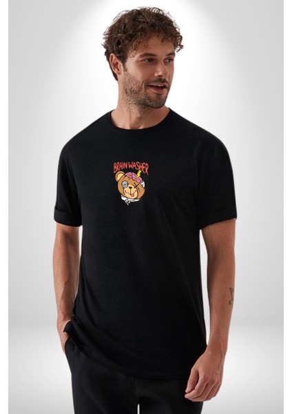 Beyin Yıkama Siyah Oversize Kadın Erkek Ön Orta Minimal Baskılı T-Shirt modelleri