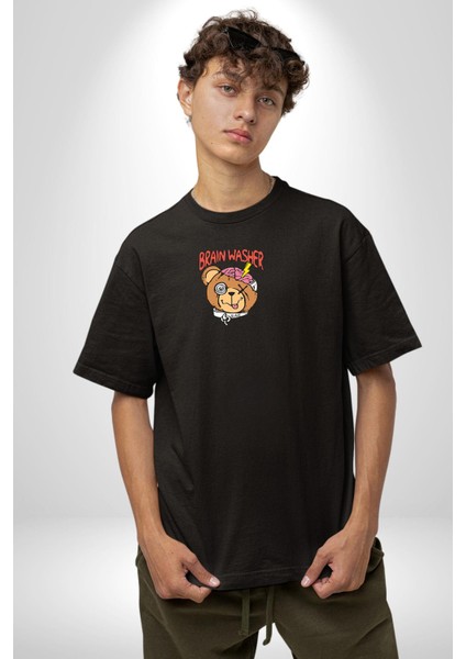 Beyin Yıkama Siyah Oversize Kadın Erkek Ön Orta Minimal Baskılı T-Shirt fırsatları