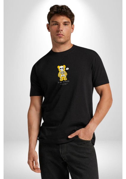 Mutlu Ol Siyah Oversize Kadın Erkek Ön Orta Minimal Baskılı T-Shirt modelleri